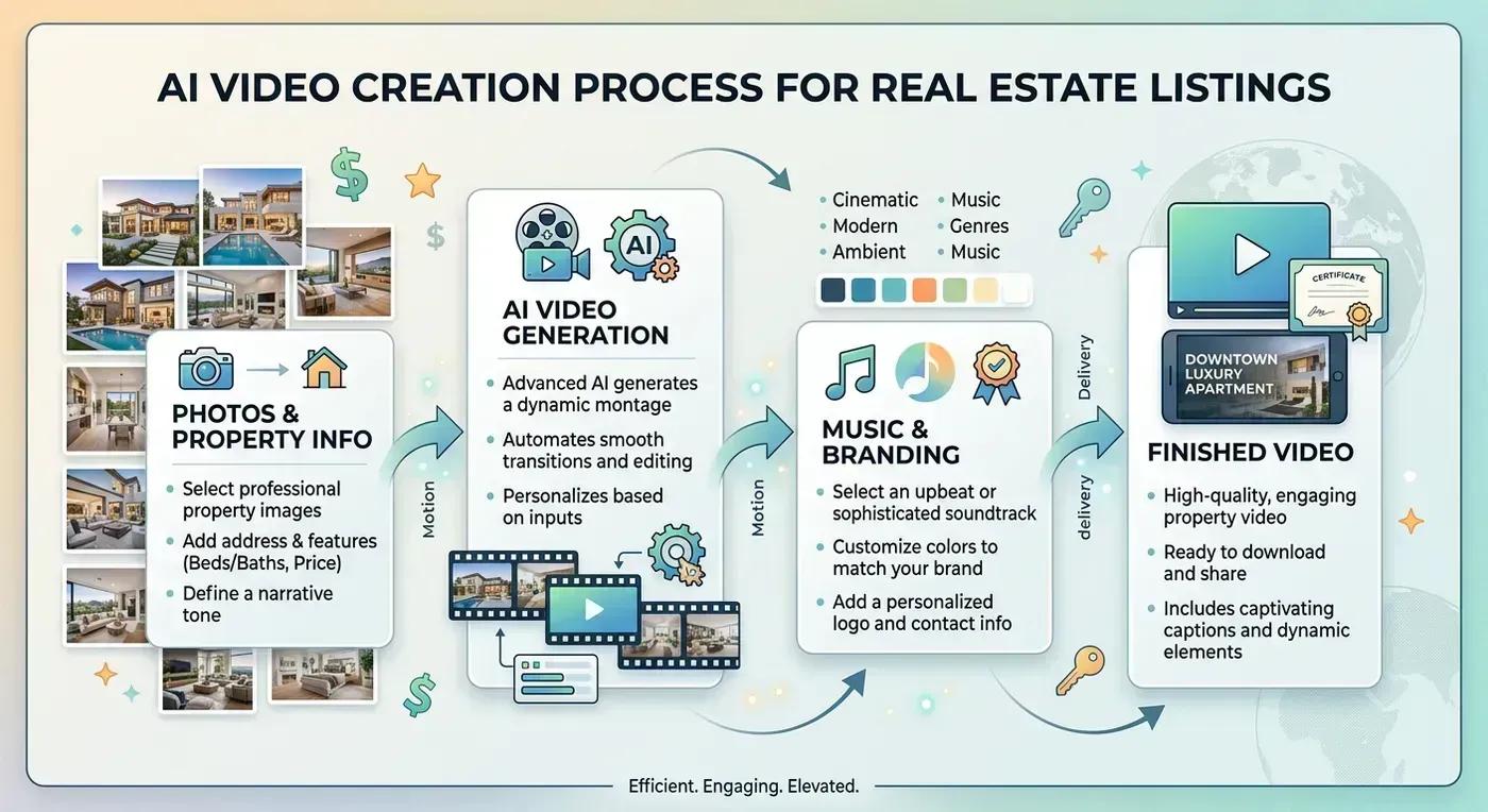 Bright process image showing the simple flow of creating an AI listing video from photos to music to branding to finished video