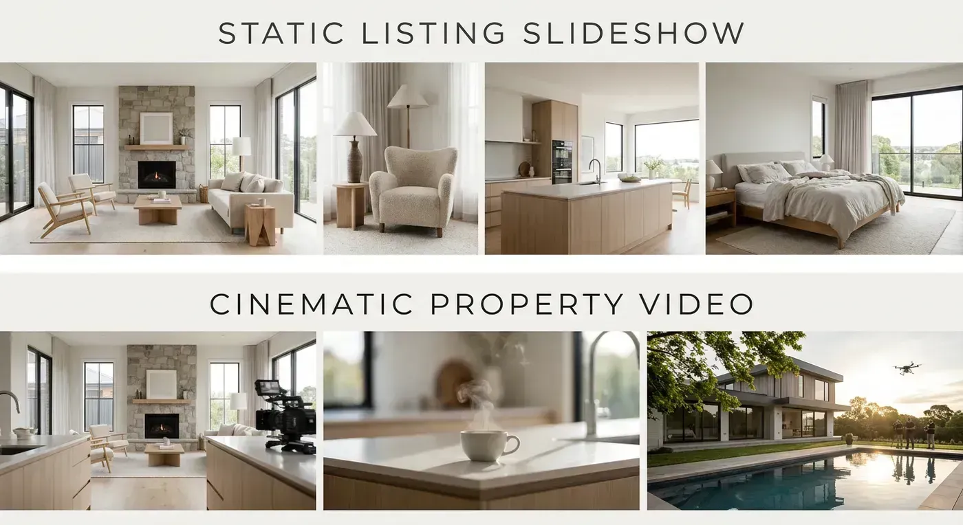 Clean editorial image showing the difference between a static listing slideshow and a more cinematic property video