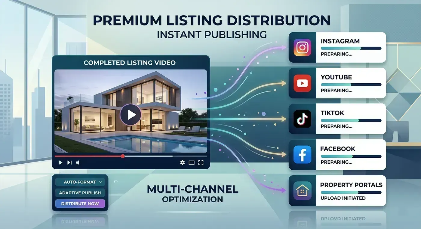 Editorial concept image showing one completed listing video being prepared for several publishing destinations at once