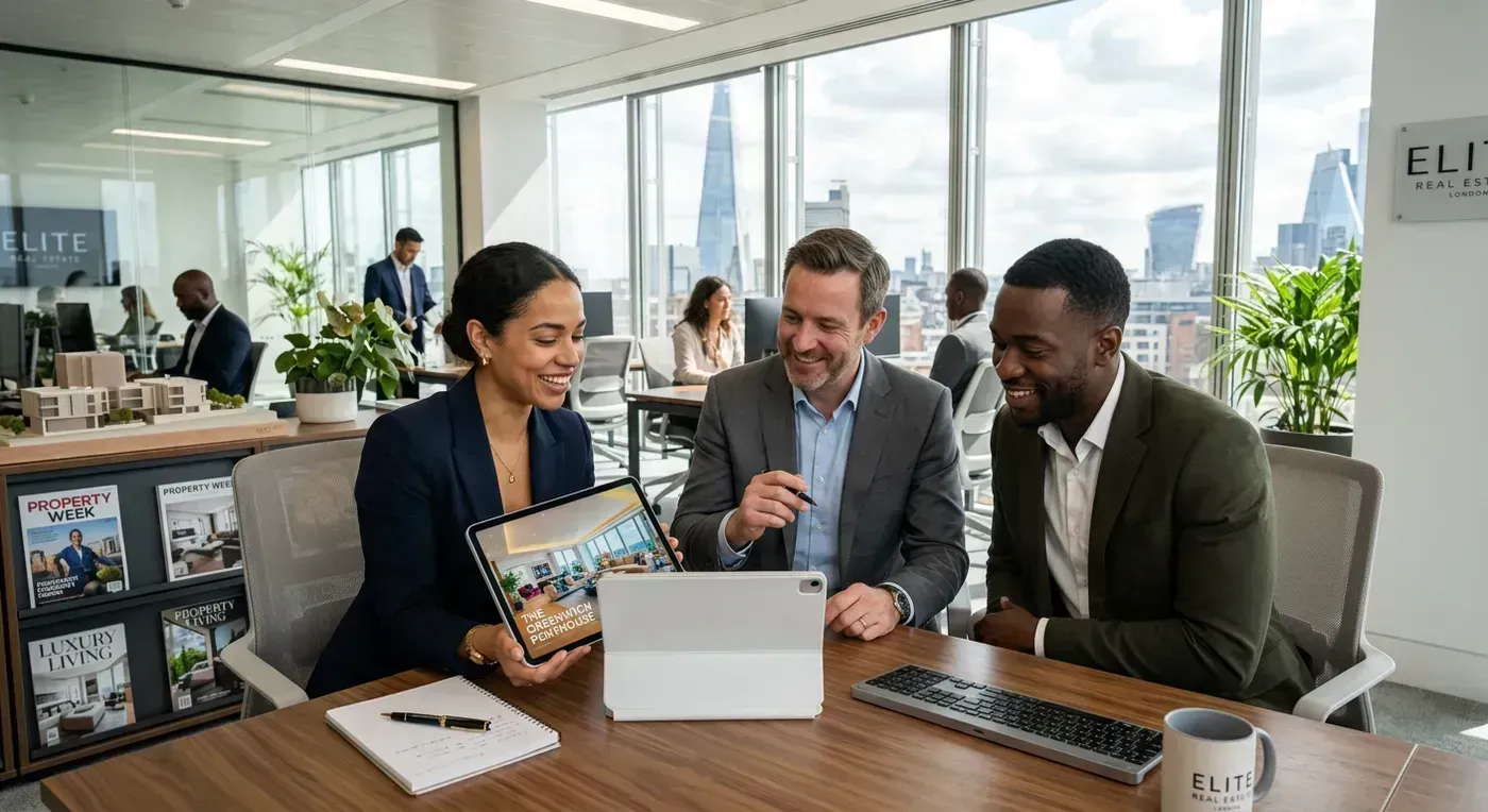 Three real estate professionals reviewing a property video together on a tablet in a bright workspace