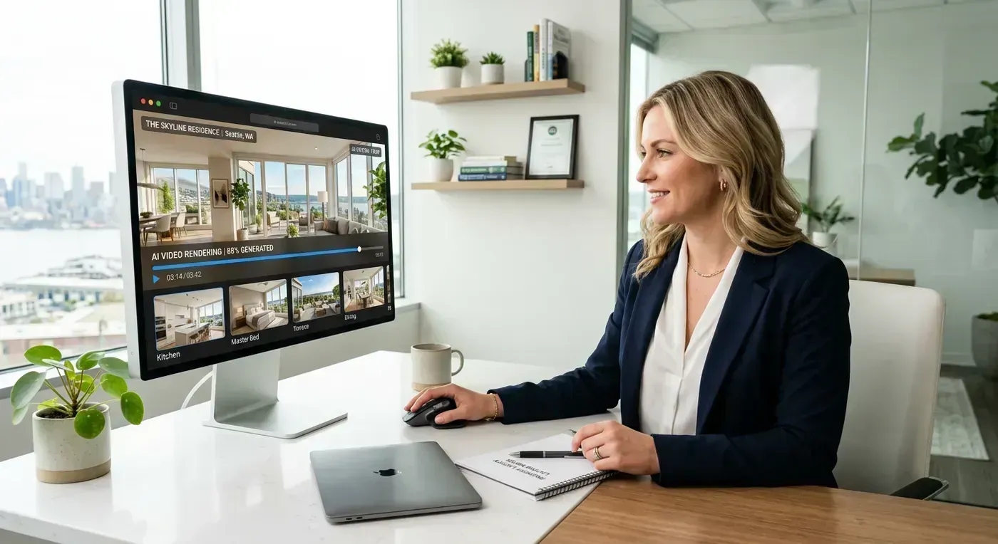 Real estate agent reviewing an AI-rendered property video on a bright desktop monitor