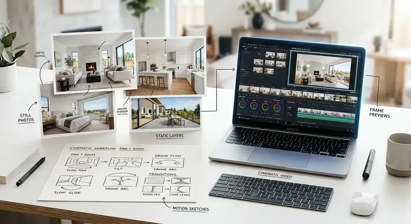 Editorial concept showing listing photos being transformed into a cinematic AI real estate video workflow