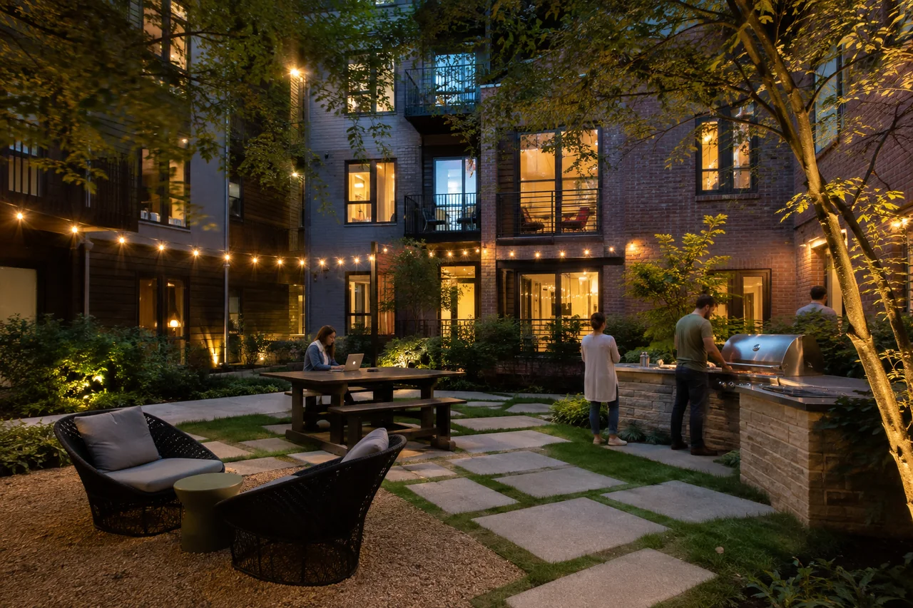 Apartment community courtyard with shared seating and everyday amenity use