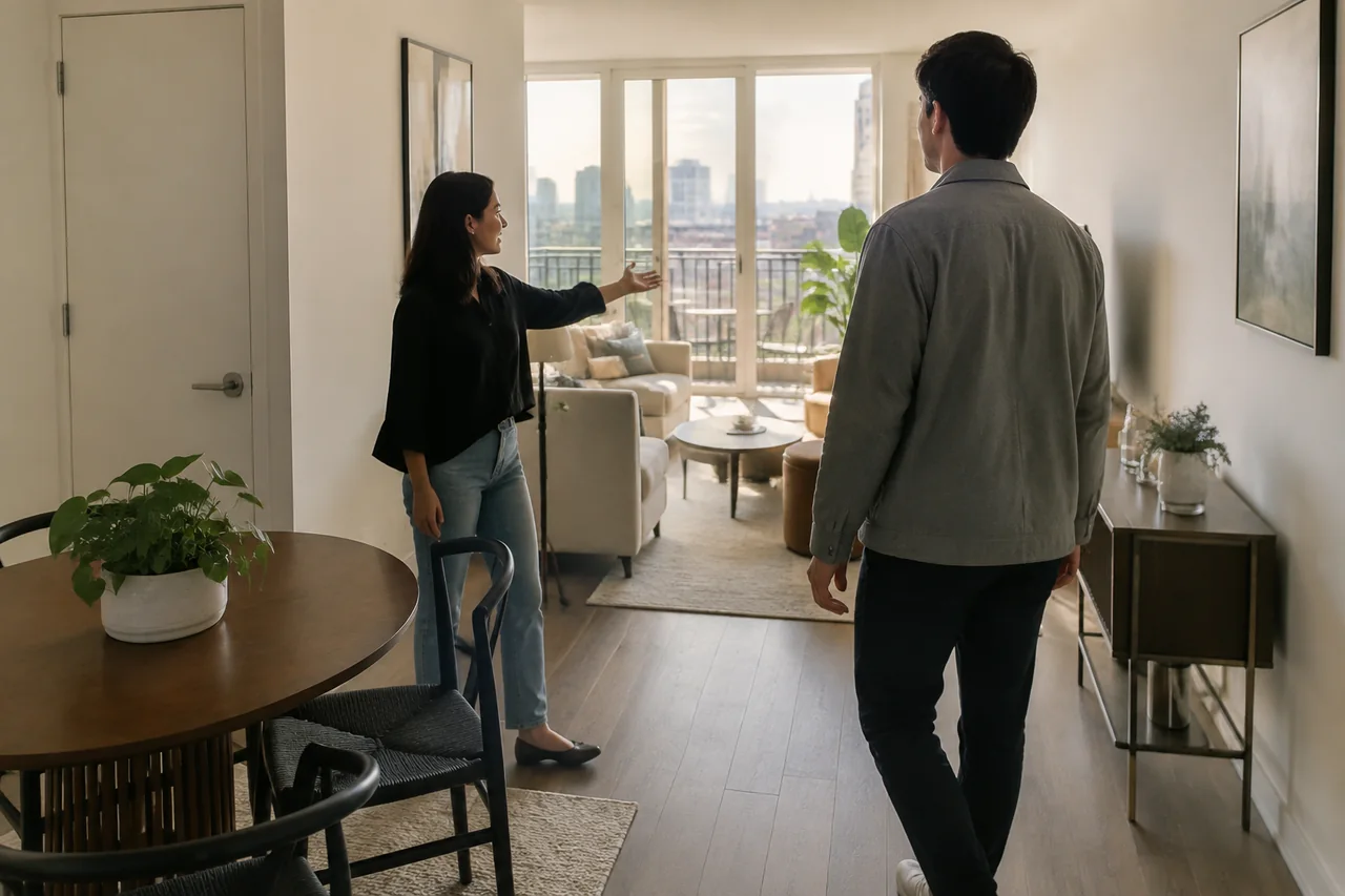 Leasing specialist showing a renter the connection between apartment rooms and balcony