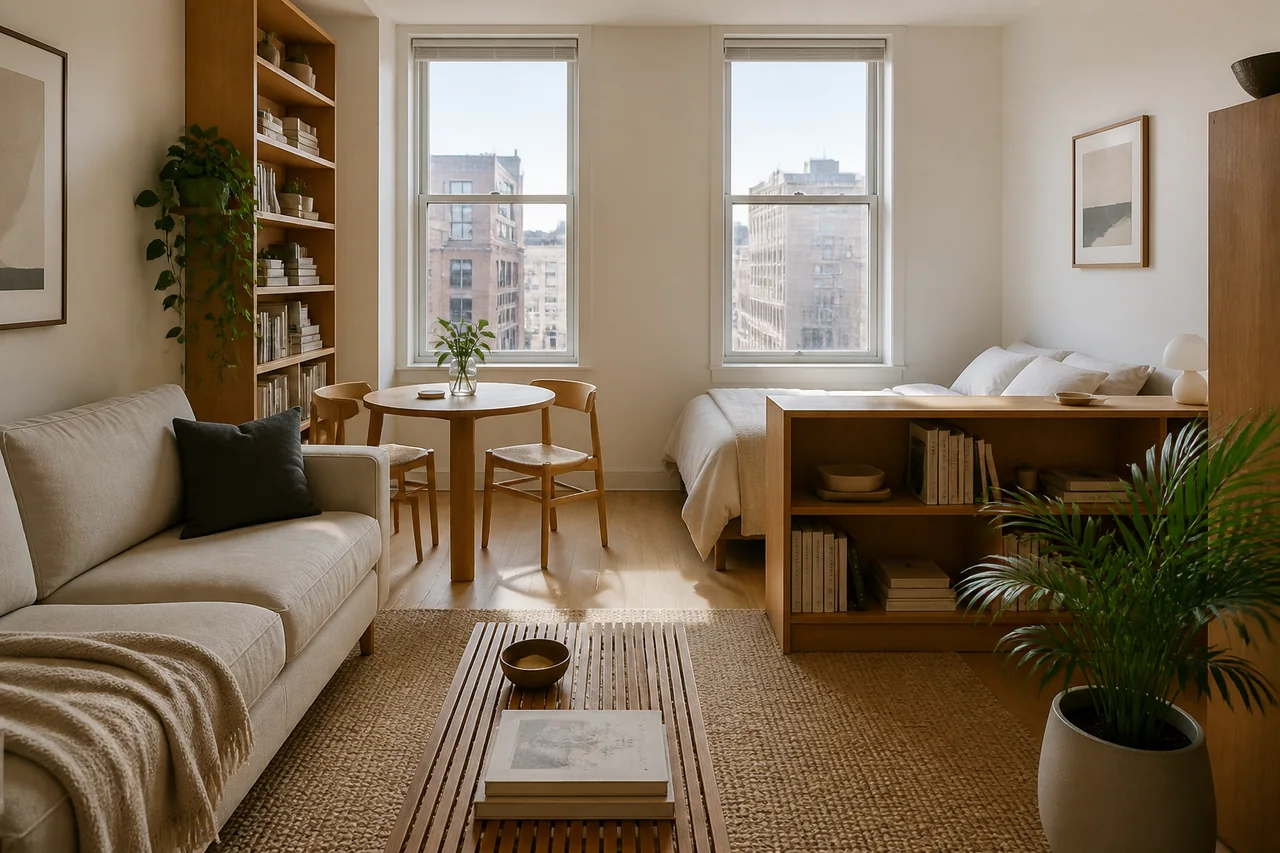 Compact studio apartment with clear living, sleeping, and dining zones