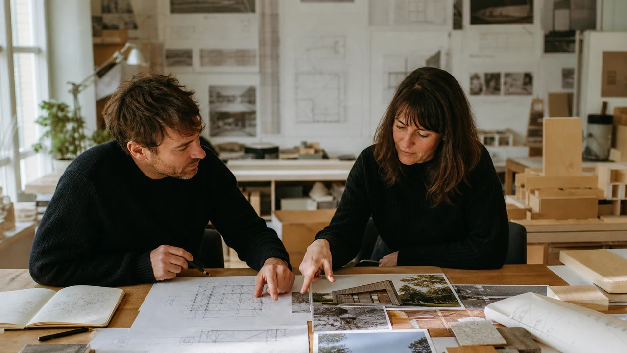 Architect and photographer planning how to document a completed building