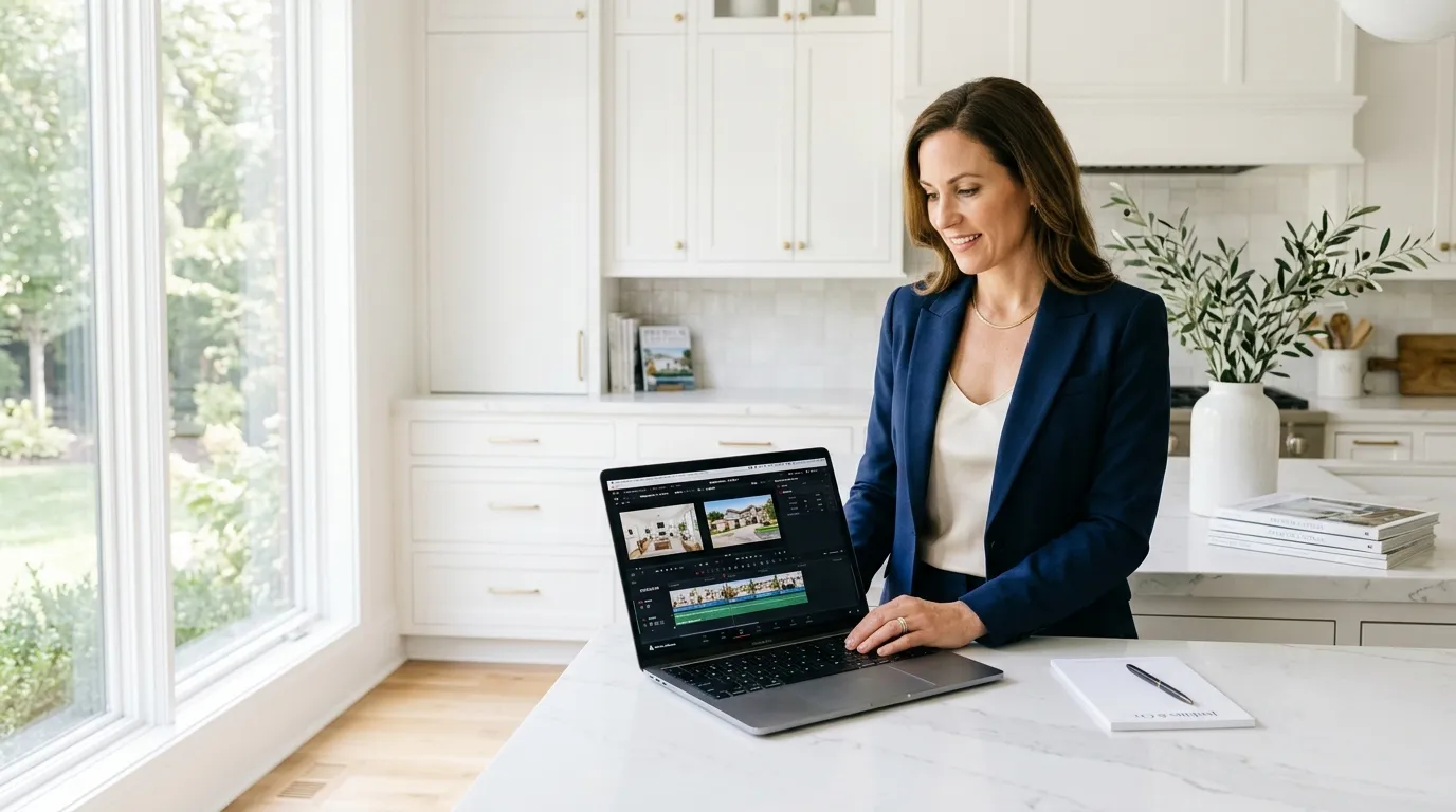 Real estate agent reviewing listing video options on laptop in bright kitchen