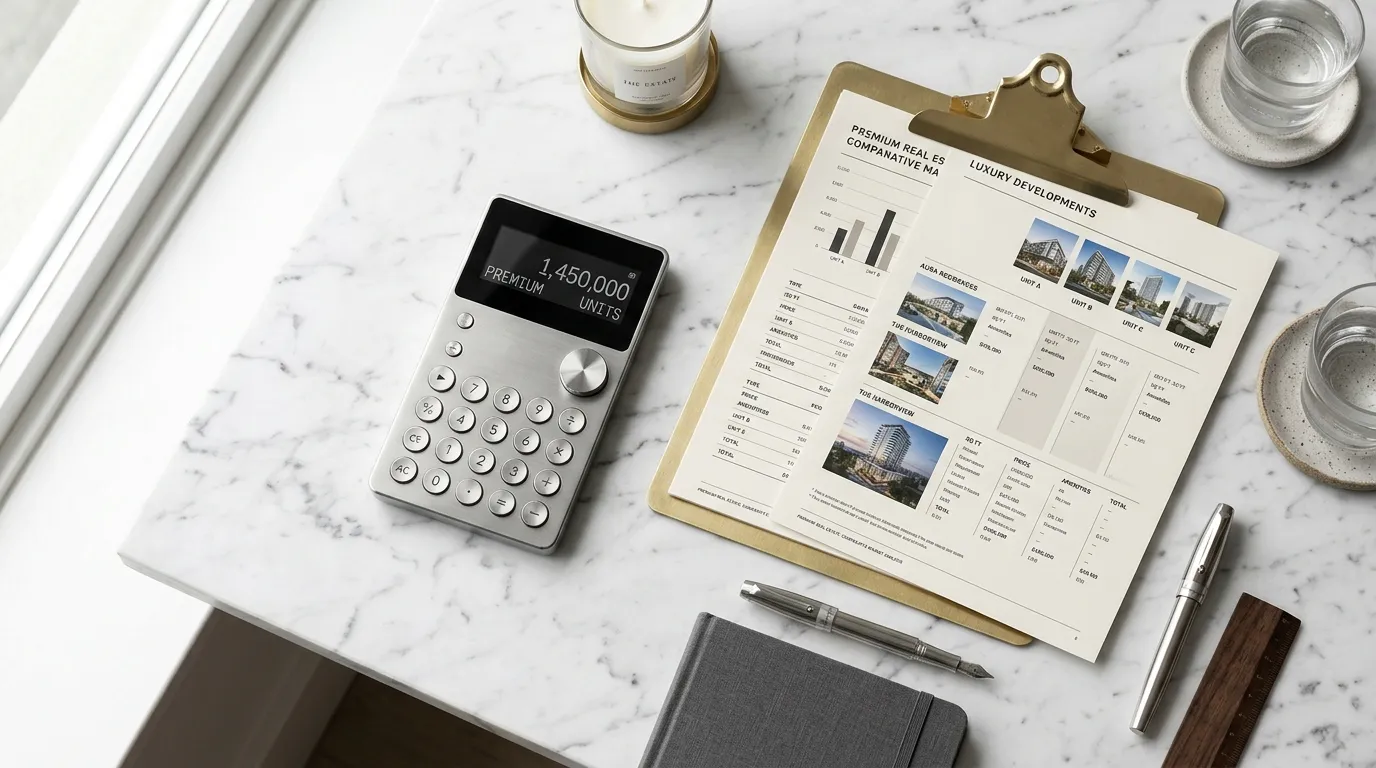 Workspace flat-lay with pricing comparison sheets and calculator on marble surface