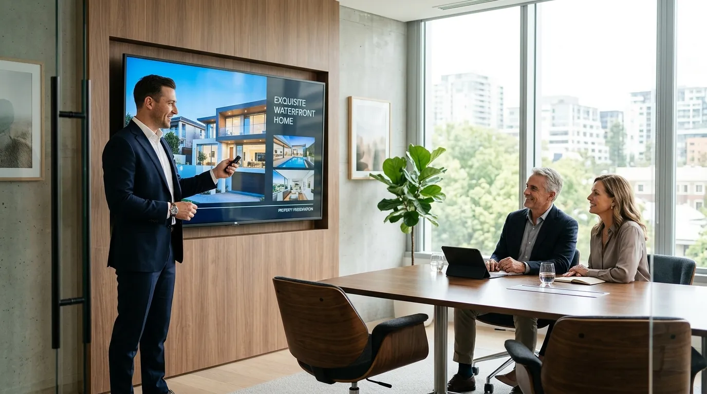 Real estate agent presenting property video to sellers in a bright meeting room