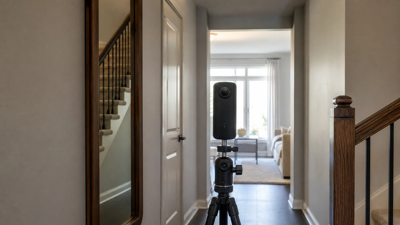 Photographer capturing a 360 tour in a room with windows and mirrors