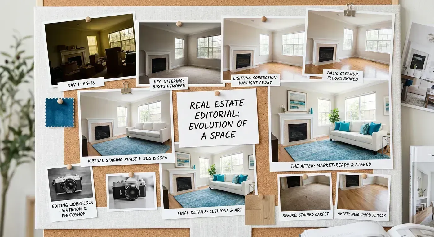 Editorial still life of edited property images, floor plans, and enhancement notes