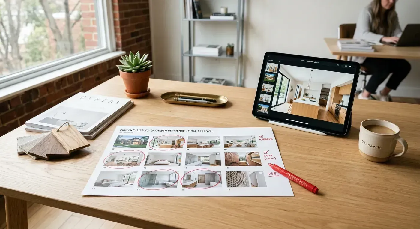 Editorial presentation scene about choosing the right AI photo workflow for different listing tiers