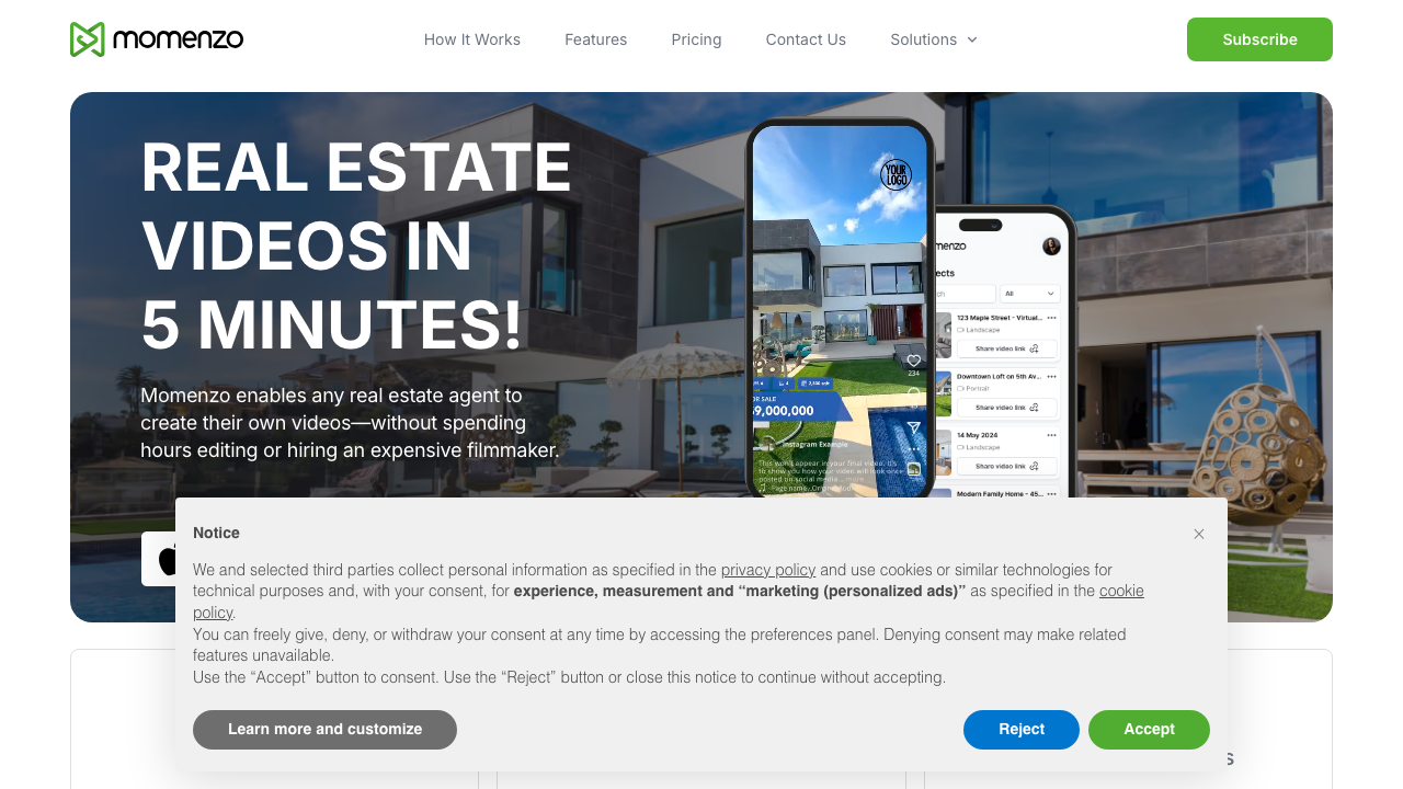 Momenzo real estate walkthrough app homepage