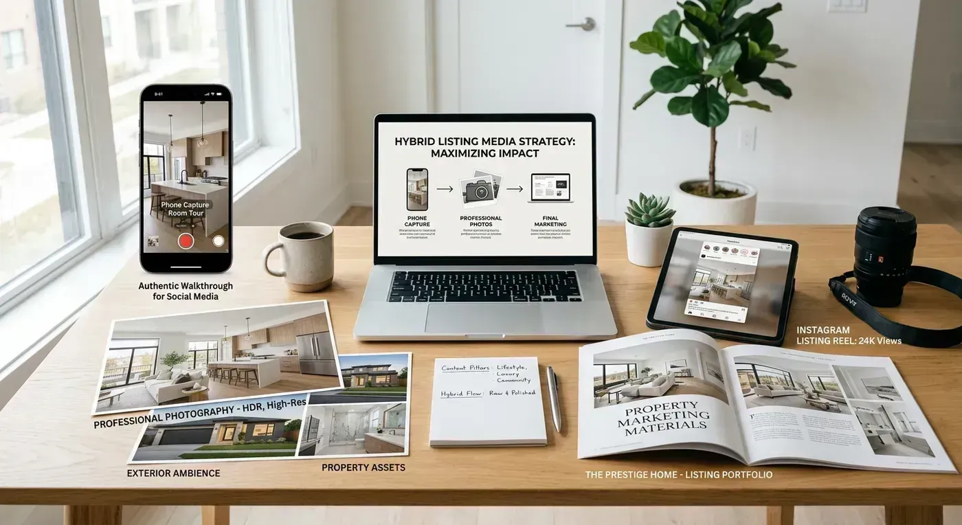Client-facing editorial scene showing a hybrid listing marketing plan with phone capture and automated video output