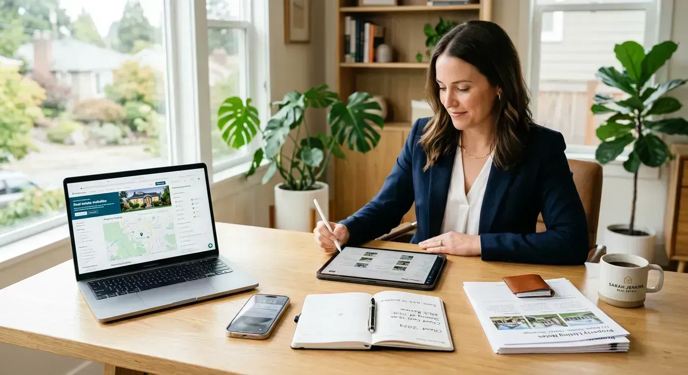 Real estate agent planning a modern tech stack with devices, calendar, and listing notes