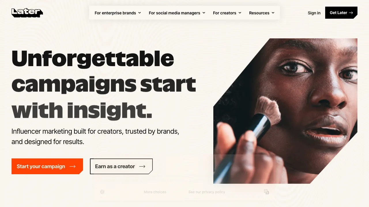 Later social media scheduling platform homepage
