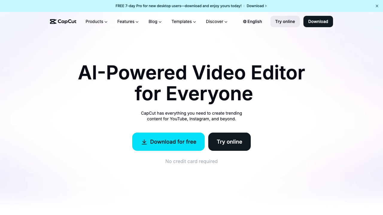 CapCut video editor homepage