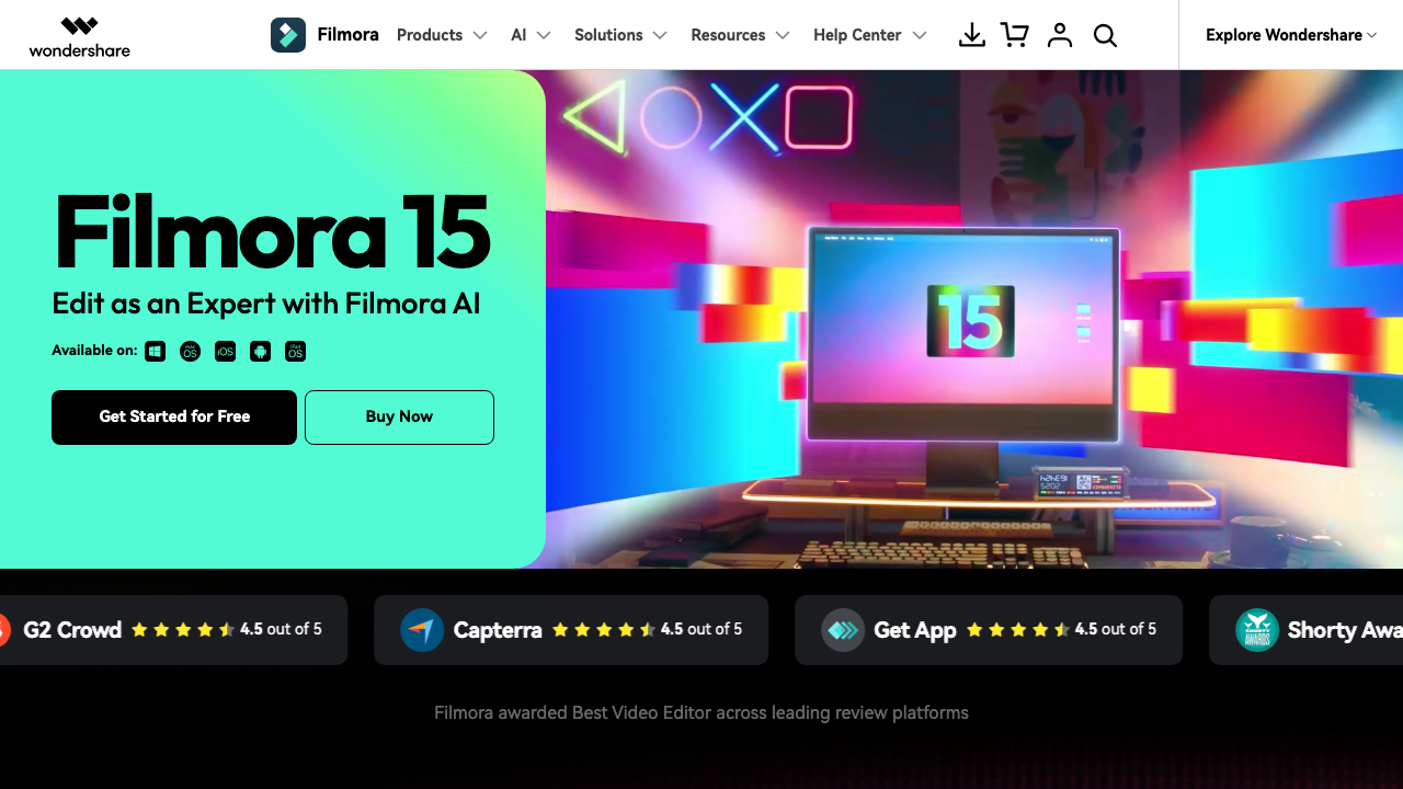 Filmora video editor homepage