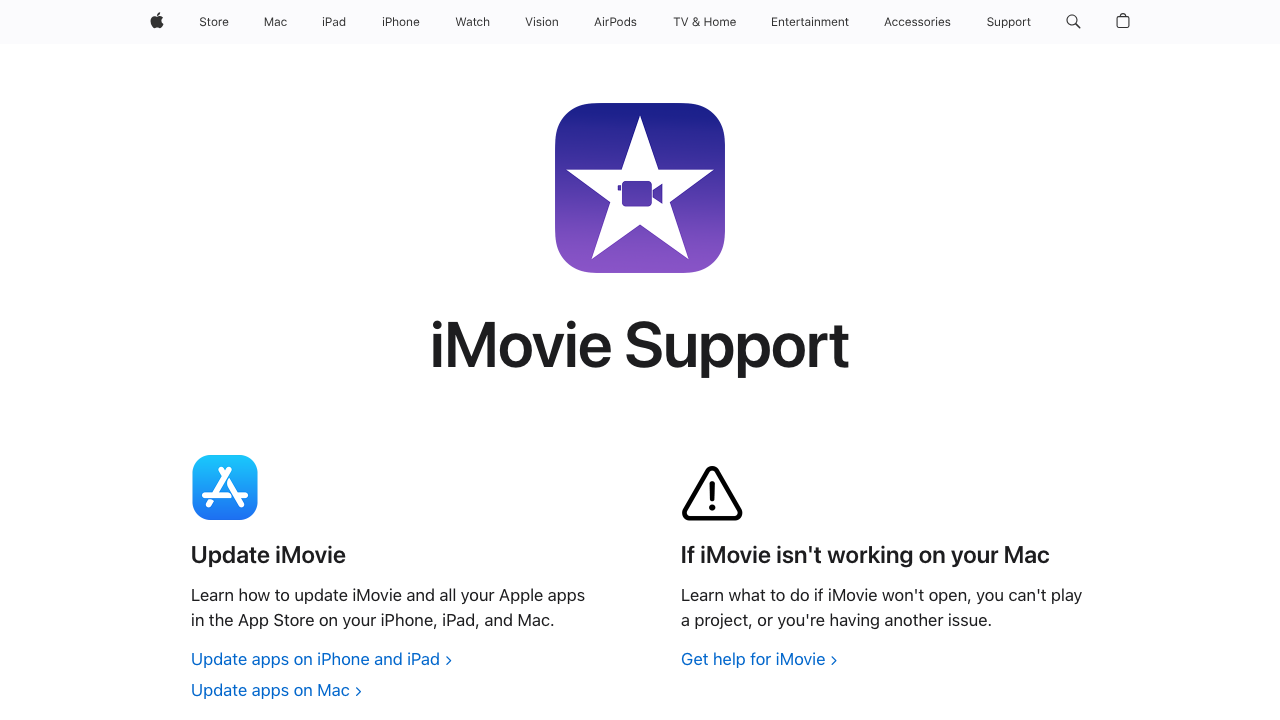 Apple iMovie video editor homepage