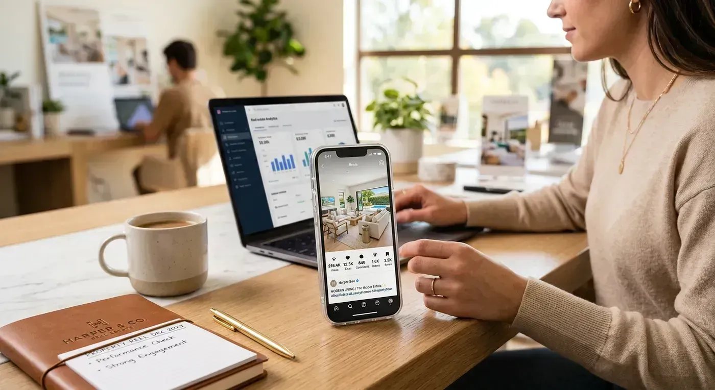 Phone showing strong reel performance for a property post in a premium marketing workspace