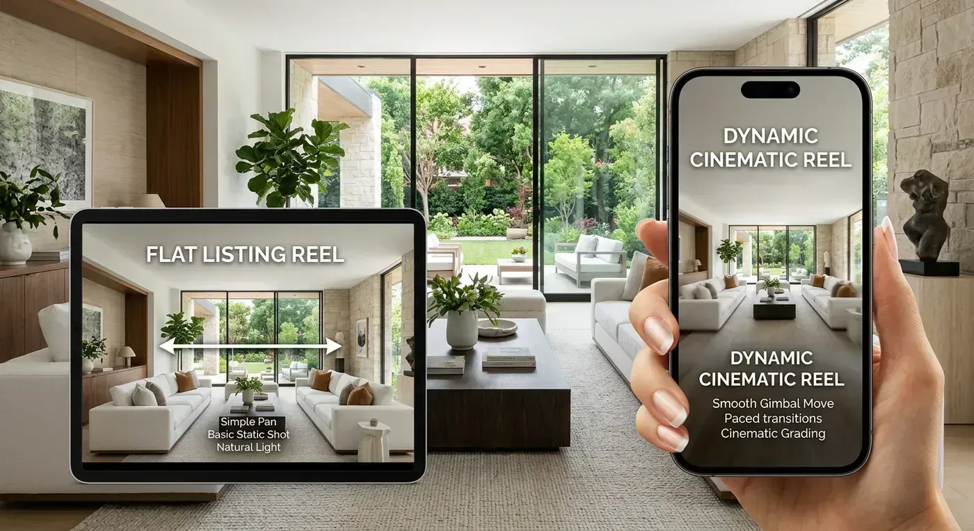 Editorial image showing the difference between a flat listing reel and a more dynamic cinematic reel style