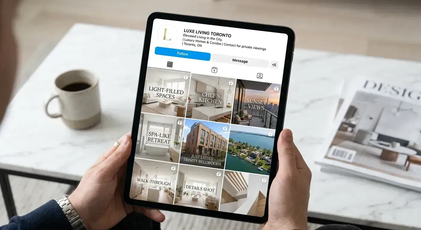 Editorial image of a real estate social profile grid filled with polished property reel thumbnails