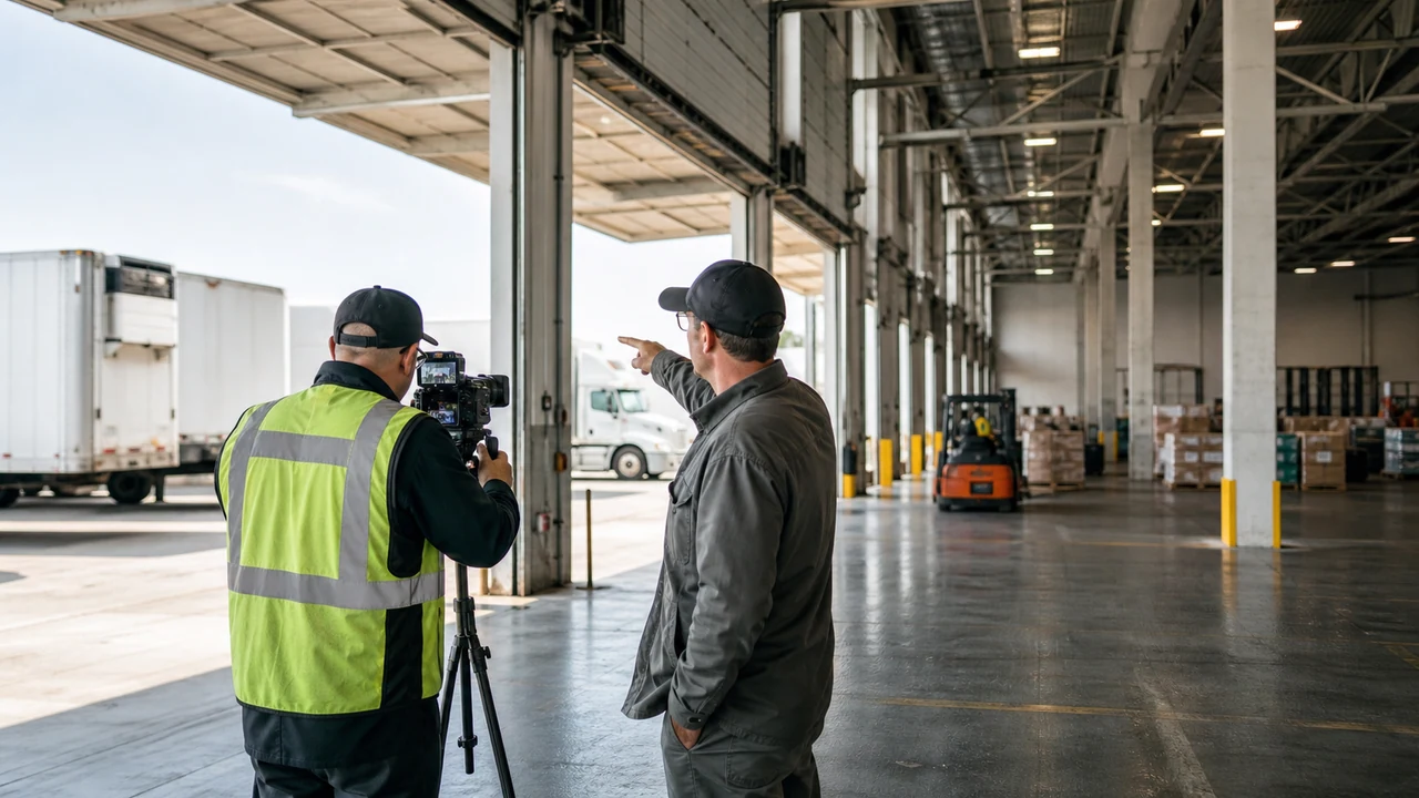 Commercial camera operator filming loading and circulation at a warehouse