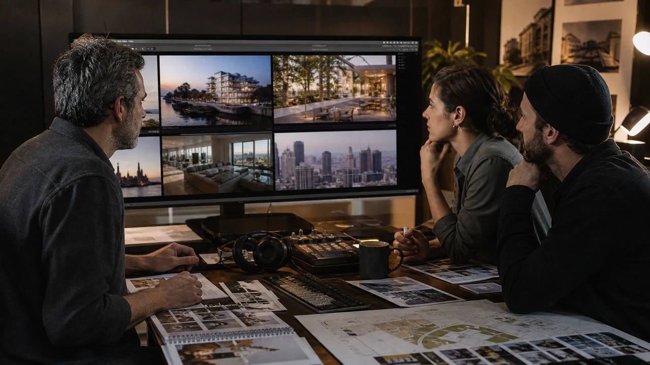 Broker and editor reviewing different commercial property video story orders