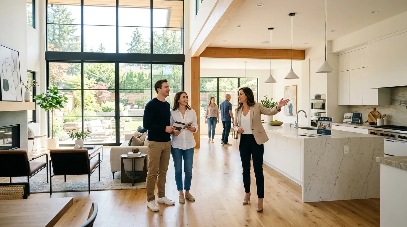 Busy open house with multiple buyers exploring a modern home, illustrating the increased foot traffic video listings generate