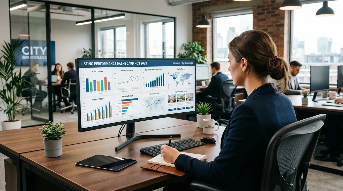 Real estate agent reviewing listing engagement analytics on a monitor showing upward-trending performance metrics