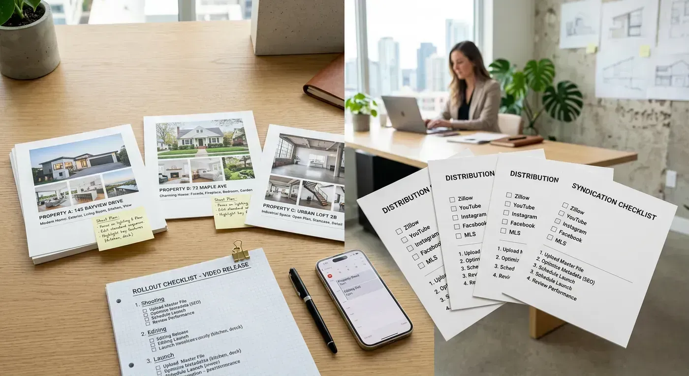 Editorial planning scene for repeatable listing video coverage across multiple properties