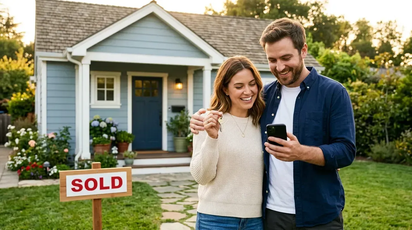 Young couple viewing a property walkthrough video on their smartphone in front of a starter home