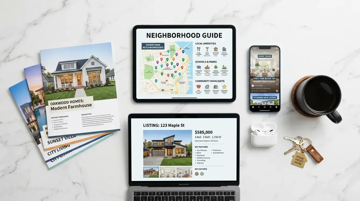 Flat lay of an agent's marketing toolkit including a tablet with neighborhood guide, smartphone with Instagram, and property materials