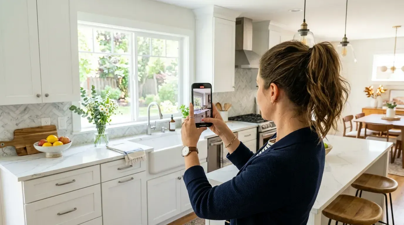 Real estate agent filming a bright starter home kitchen with a smartphone