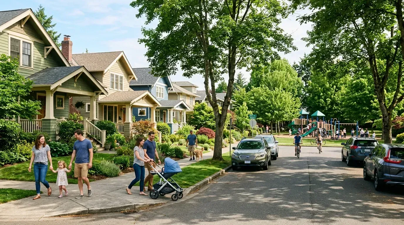 Vibrant suburban neighborhood street with tree-lined sidewalks, families walking, and well-maintained starter homes