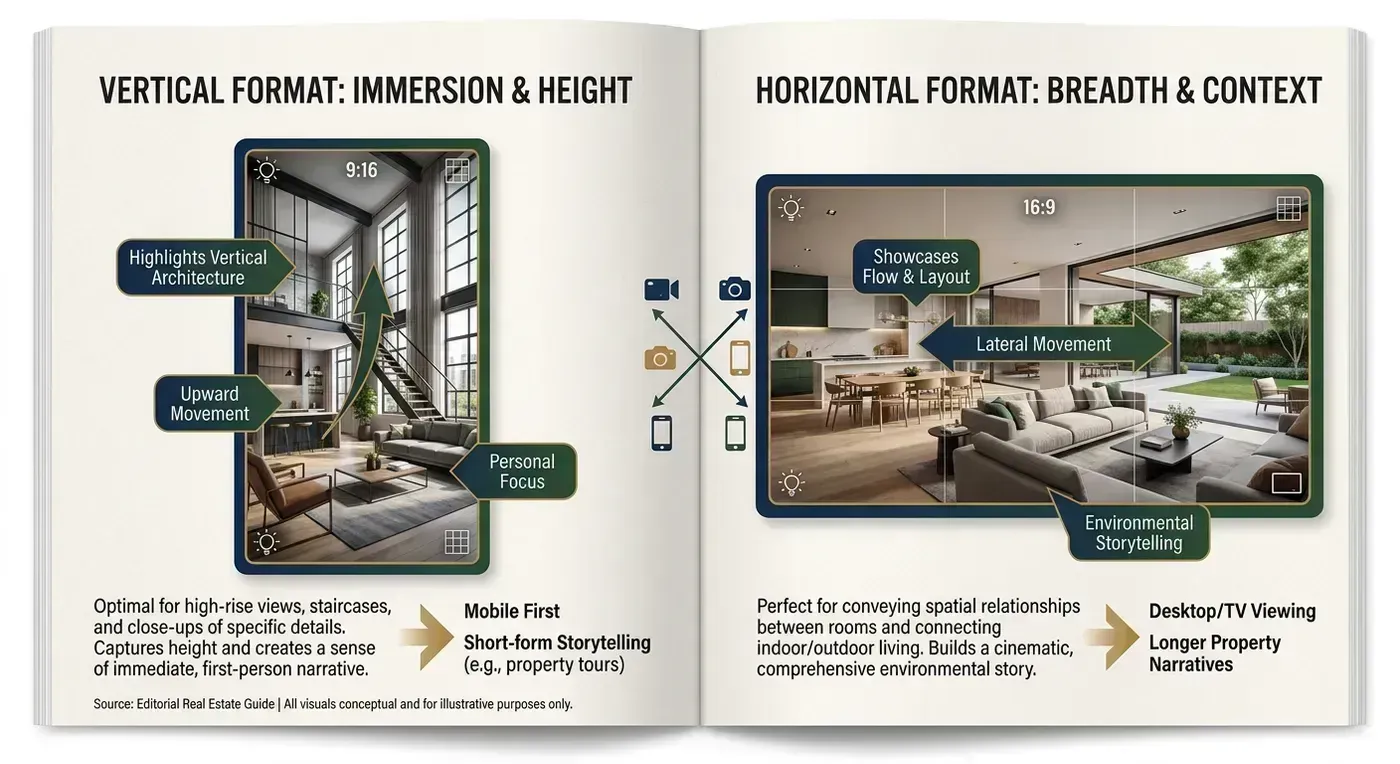 Side-by-side comparison of the same living room shown in 16:9 horizontal and 9:16 vertical video formats
