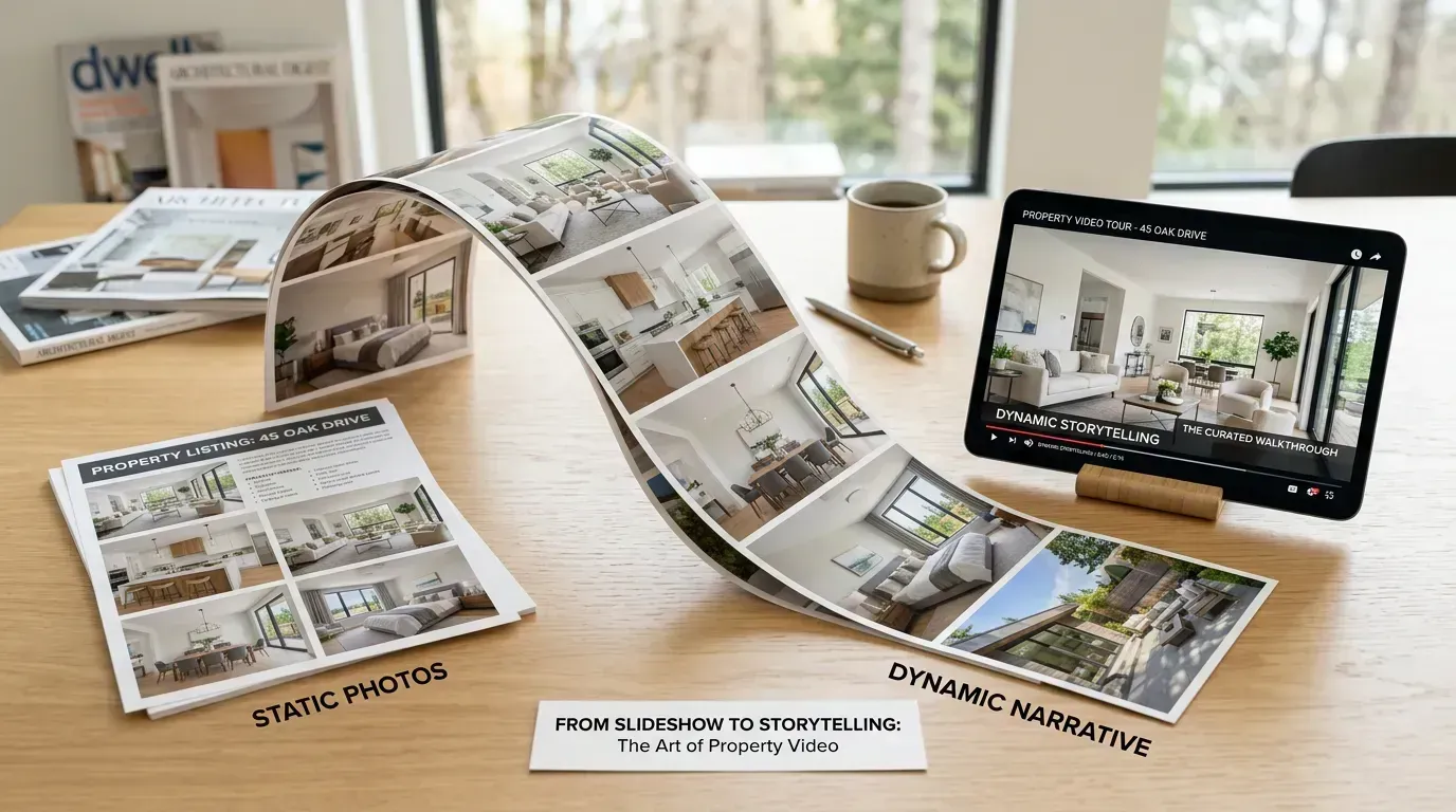 Printed listing photos arranged into a dynamic visual story instead of a static slideshow