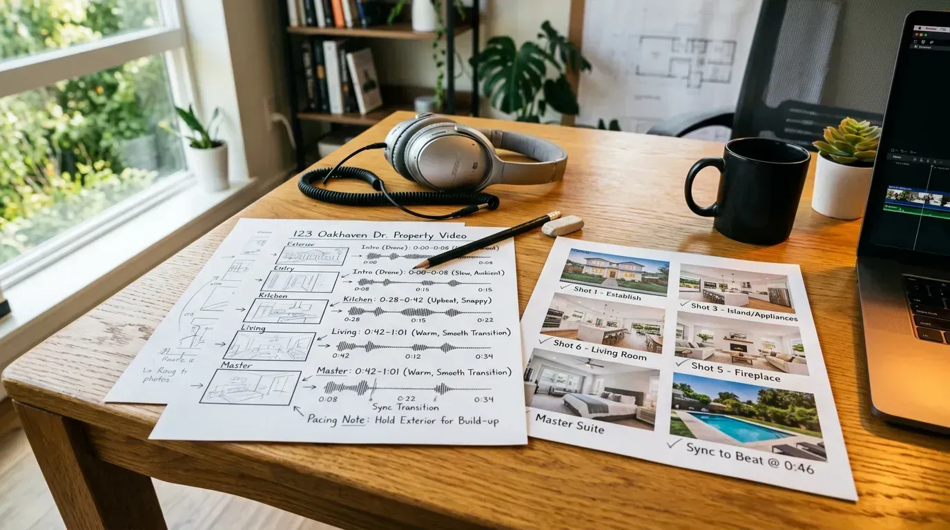 Editorial planning materials showing beat-synced real estate video editing workflow