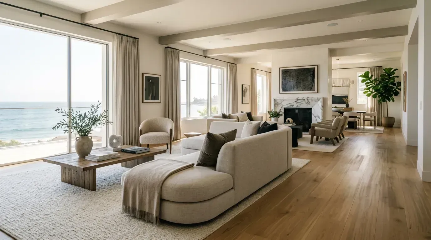 Luxury living room photographed with subtle motion cues that suggest AI camera movement