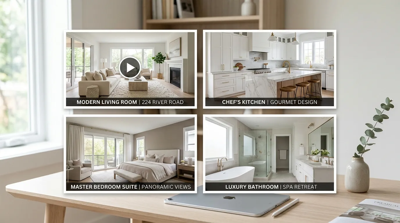 Property video thumbnails arranged in a grid on a clean desk