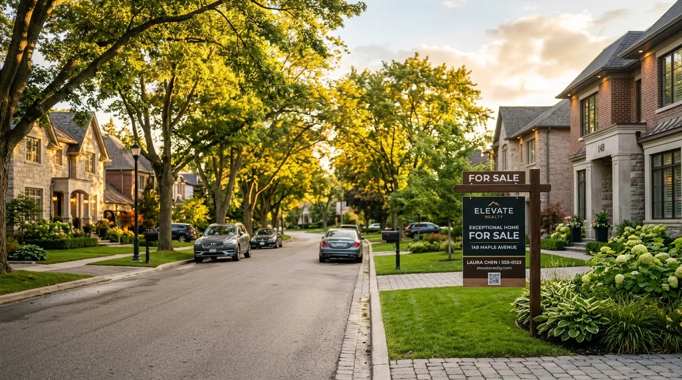 Charming residential street with real estate sign at golden hour
