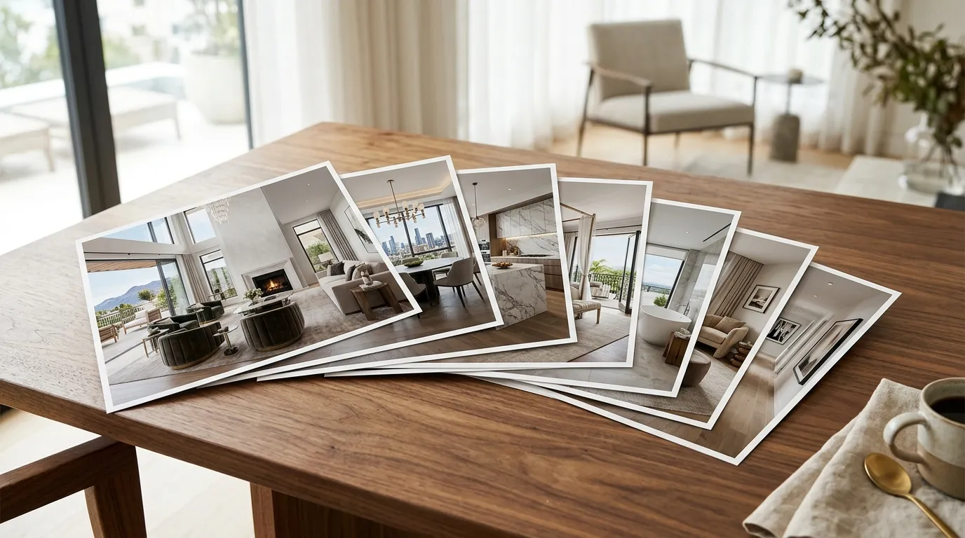 Professional real estate photography prints fanned out on a wooden surface