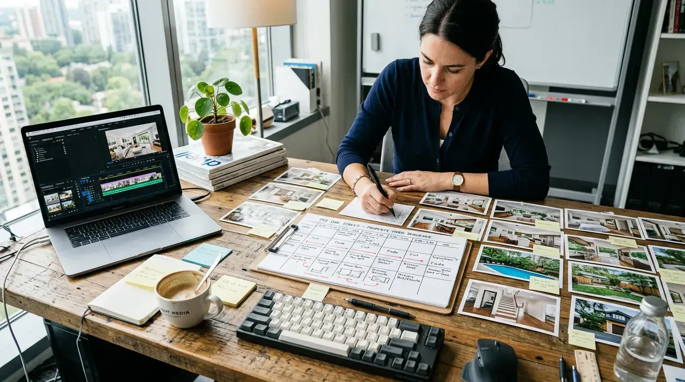 Manual real estate video editing workflow with listing photos and timeline notes