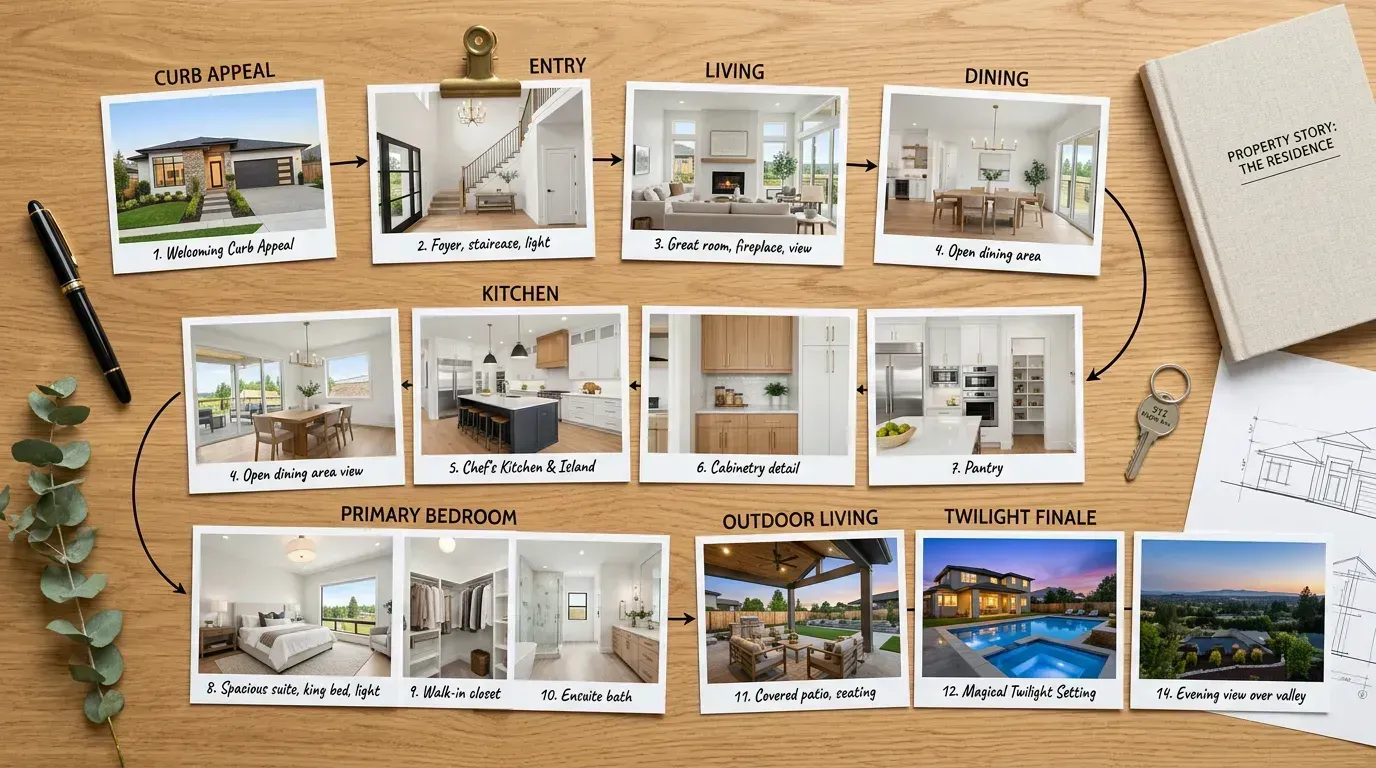 Listing photos arranged in walkthrough order from curb to twilight exterior