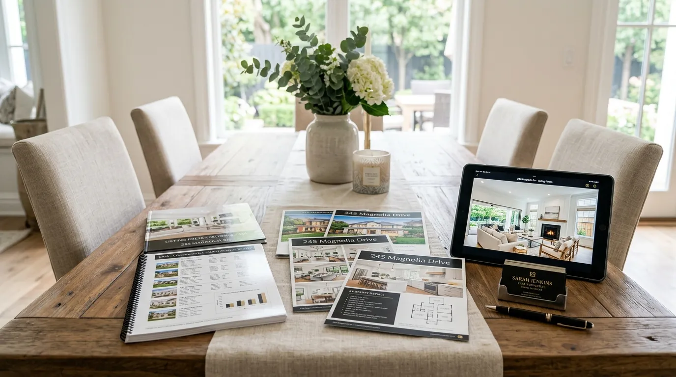 Agent's presentation materials spread on a dining table before a listing appointment