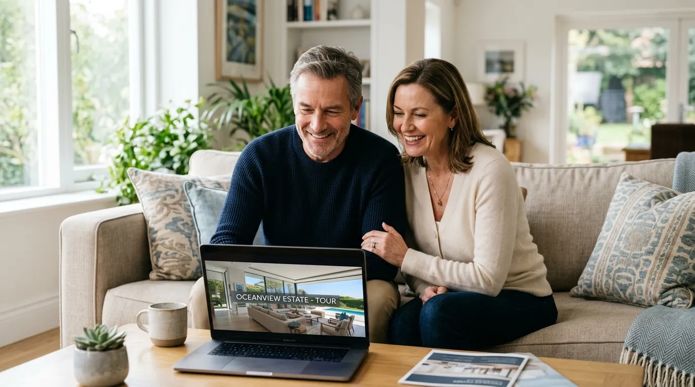 Seller couple looking impressed while viewing a property video on a laptop