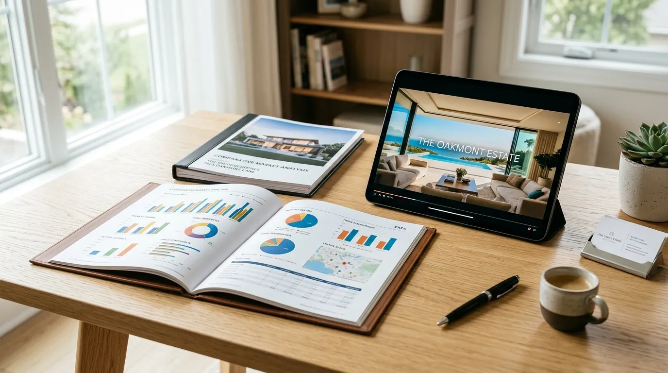 Printed CMA report next to a tablet showing a cinematic property video