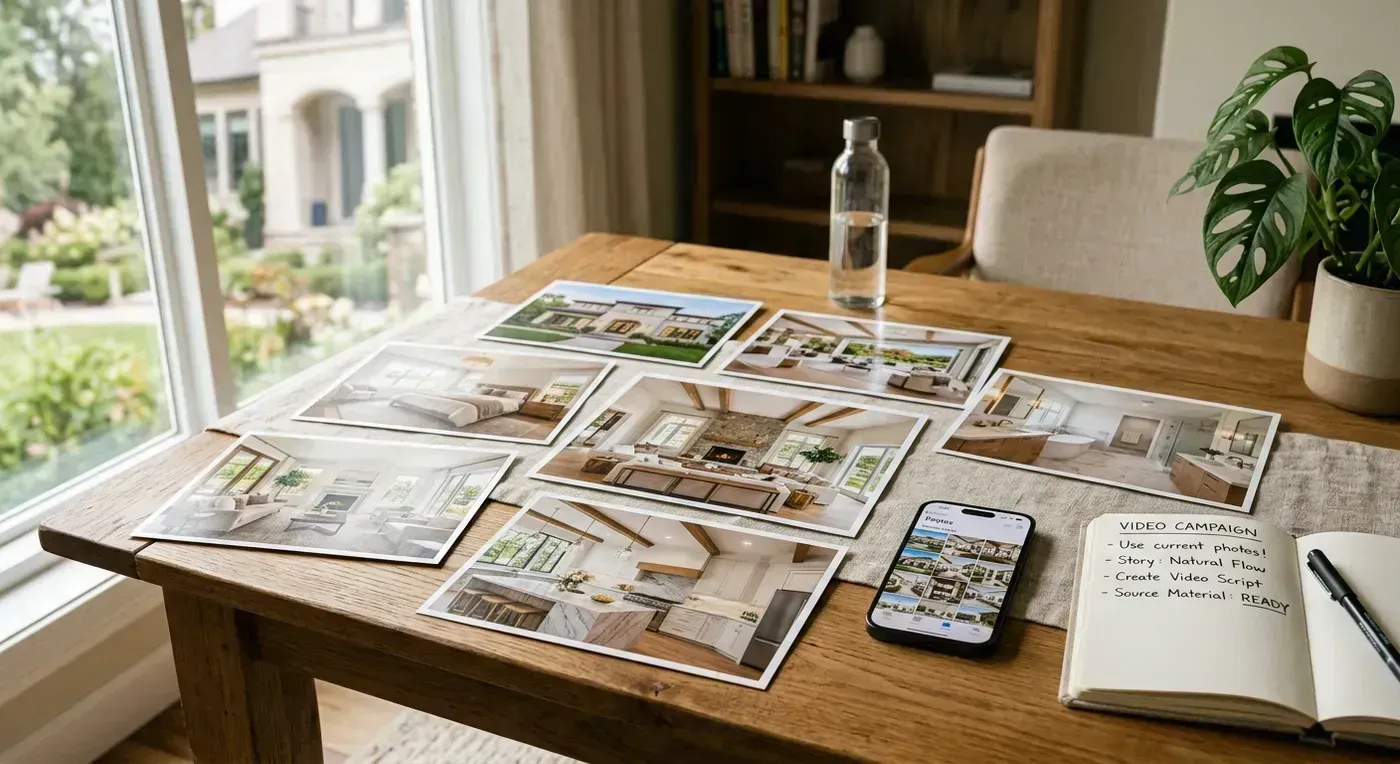 Real estate agent arranging listing photos at a desk with laptop showing video editor