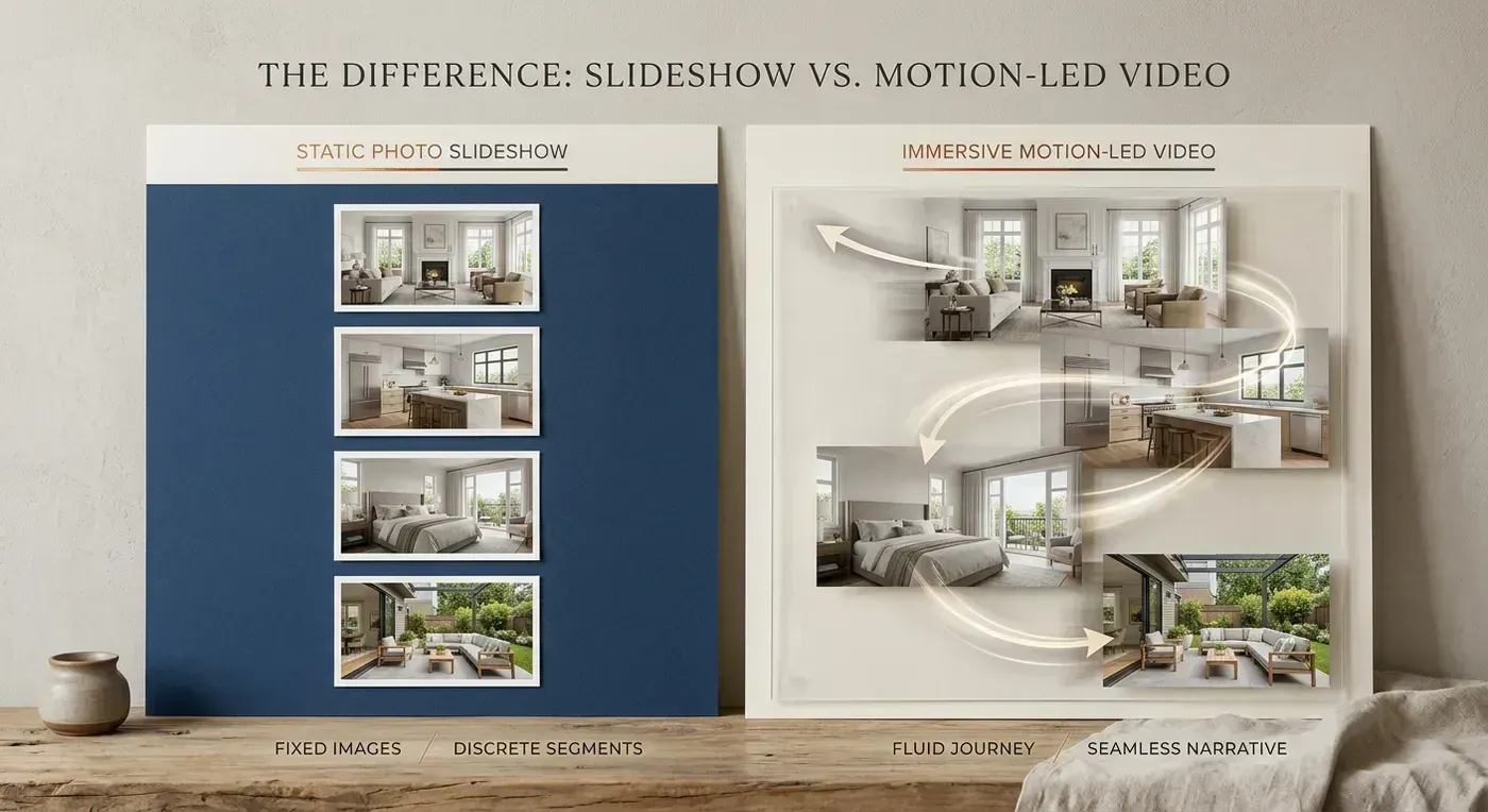Split screen showing static listing photos transforming into cinematic video with play button