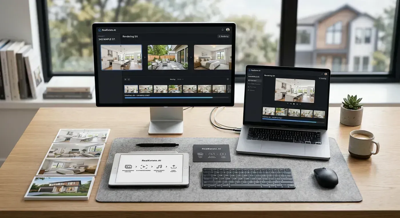 Overhead flat lay of smartphone showing property video surrounded by listing photos and coffee